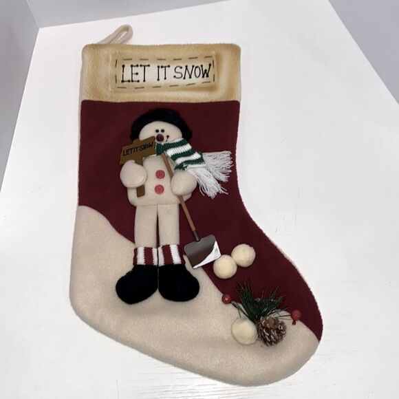 Let It Snow Holiday Snowman Christmas Stocking In Off White And Red - Picture 5 of 12